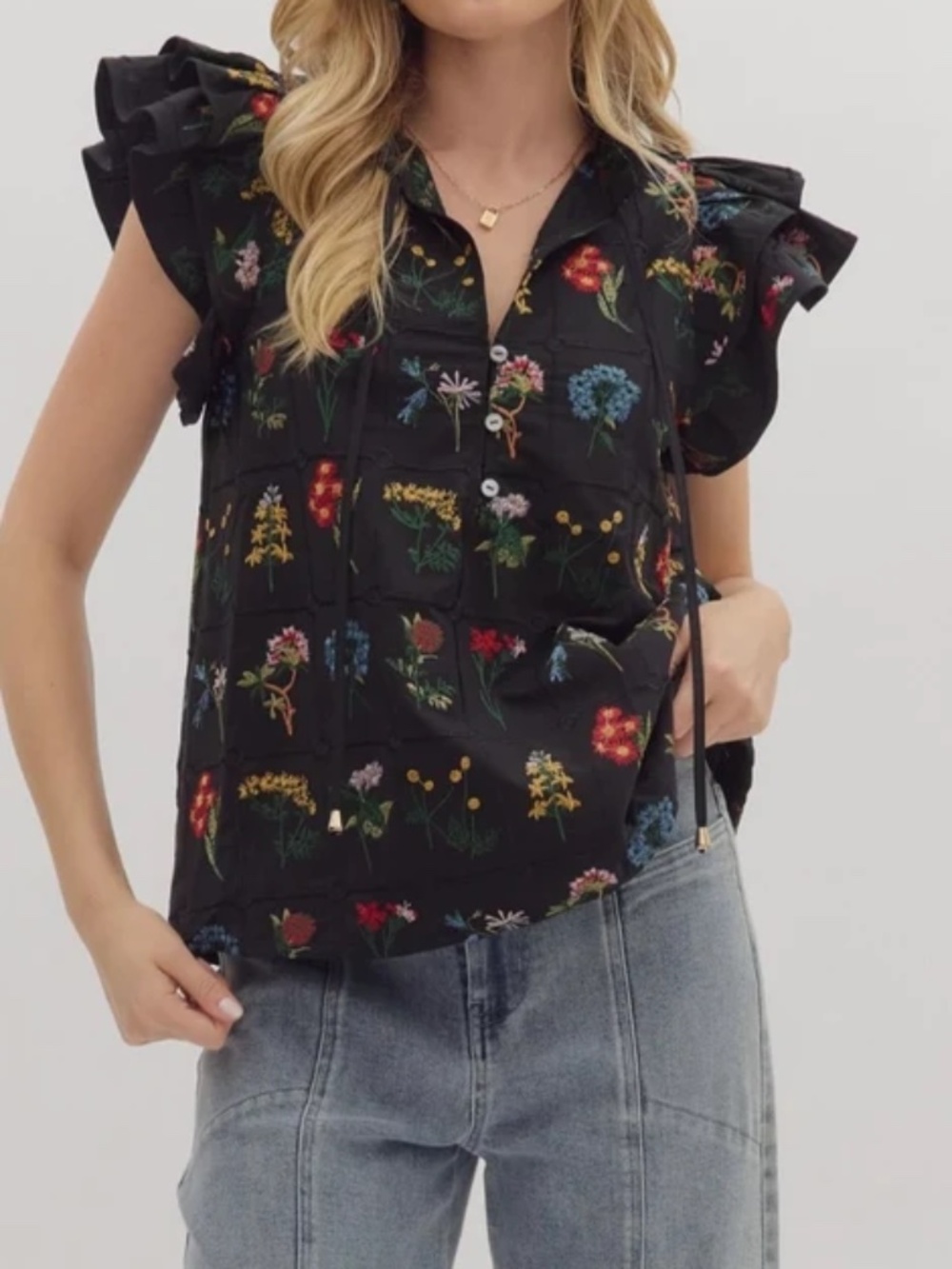 NWT Floral Embroidered Flutter Sleeve Top